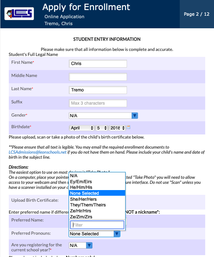 Sample account set up to register students at Leon County School District in Florida